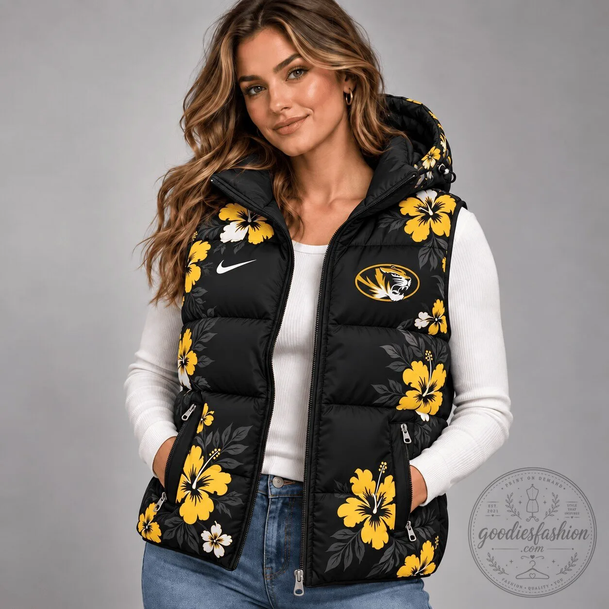 Missouri Tigers NCAA Floral Print Hooded Puffer Vest