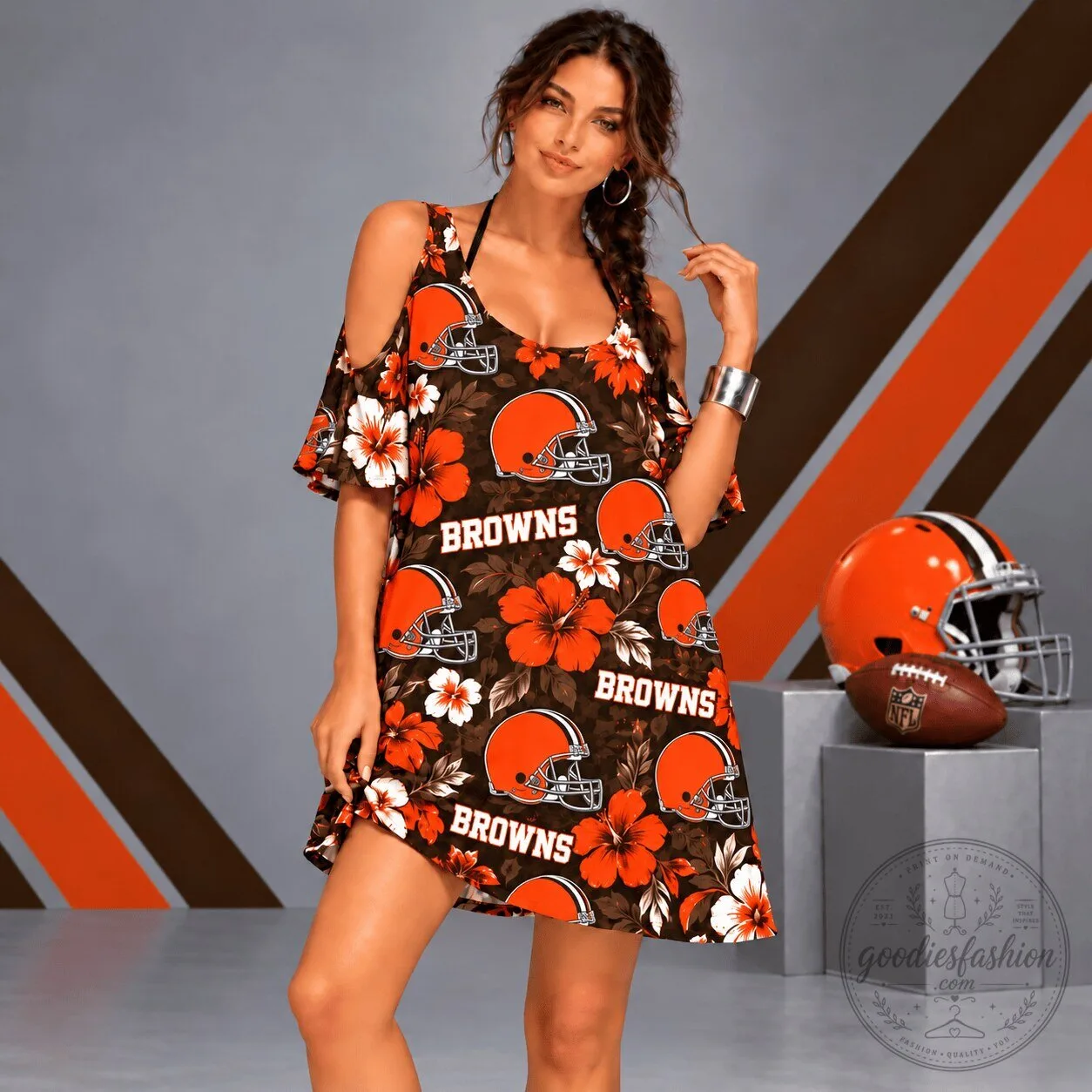 Cleveland Browns Football Team Floral Cold Shoulder Dress