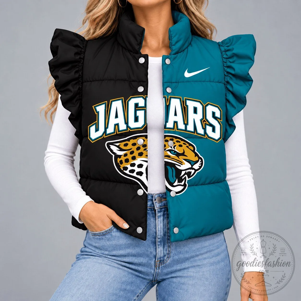 Jacksonville Jaguars Split Color Ruffled Sleeve Quilted Puffer Vest