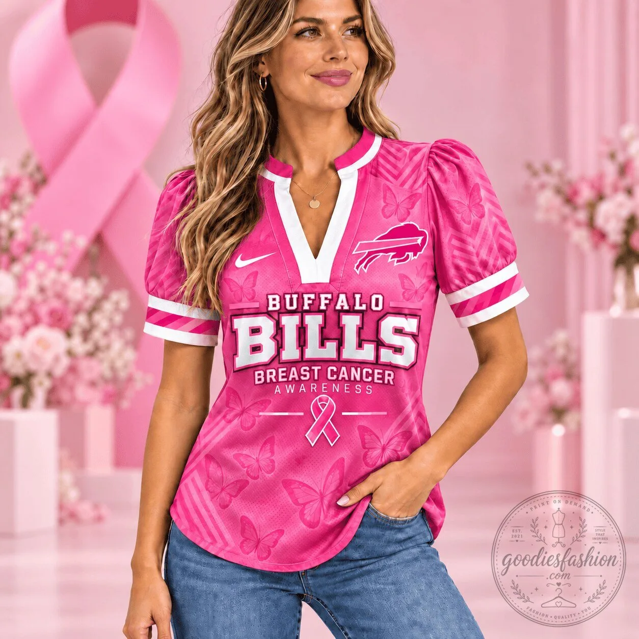 Buffalo Bills Breast Cancer Awareness Pink V-Neck Puff Sleeve Shirt for Women