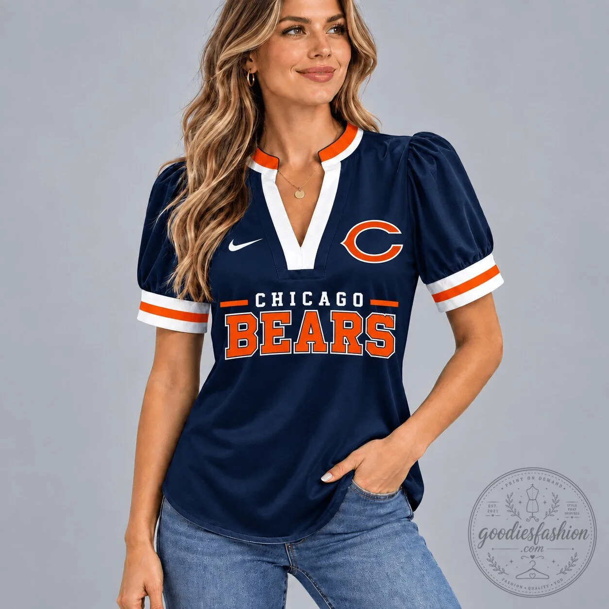 Chicago Bears Women's V-Neck Puff Sleeve Football Fan Shirt