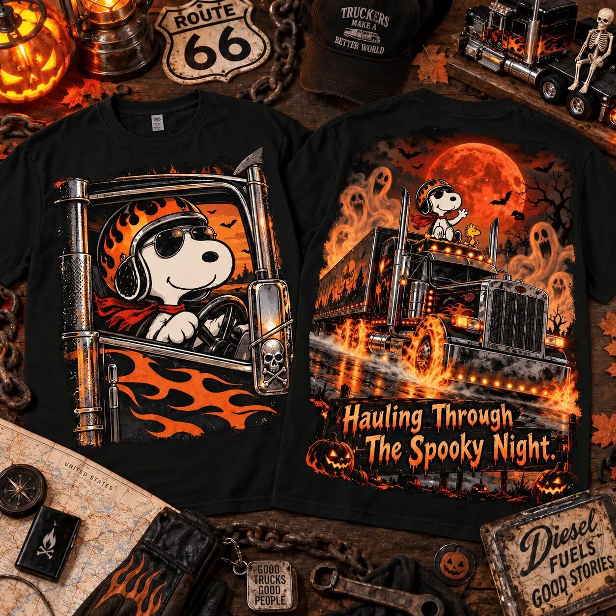 Snoopy Halloween Trucker Hauling Through The Spooky Night T-Shirt