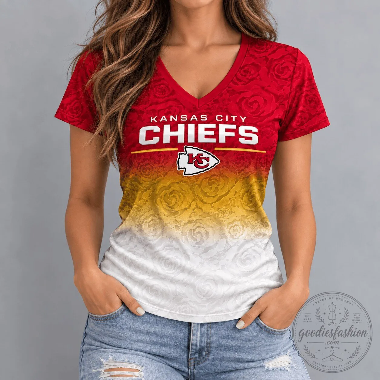Kansas City Chiefs Premium NFL Embossed Rose Ombre V-Neck T-Shirt