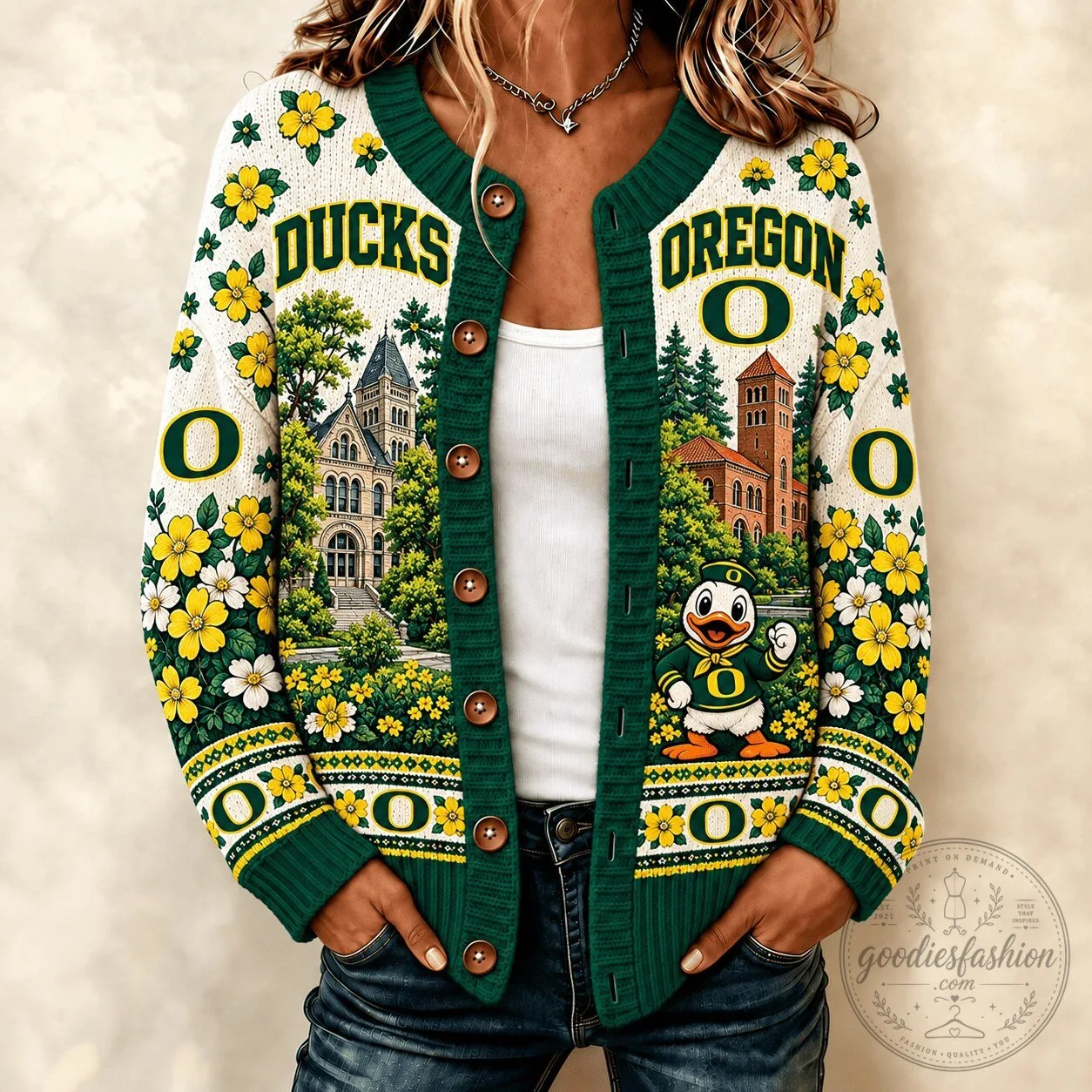 Oregon Ducks Mascot University Campus Floral Pattern Button-Up Cardigan Sweater