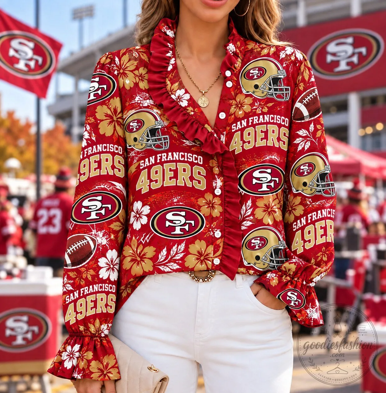 San Francisco 49ers Football Team Tropical Hawaiian Ruffled Blouse for Women
