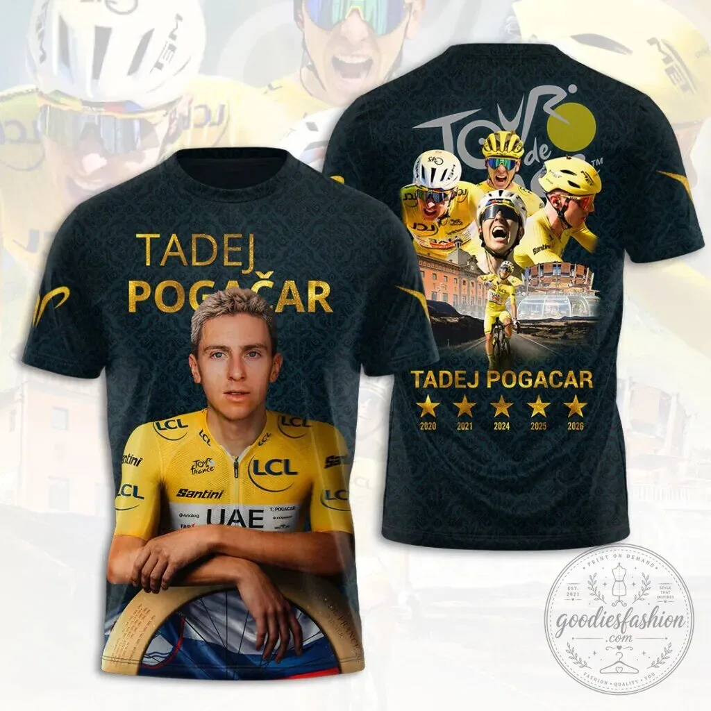 Graphic T-Shirt featuring Tadej Pogacar, Champion of the Tour de France Cycling