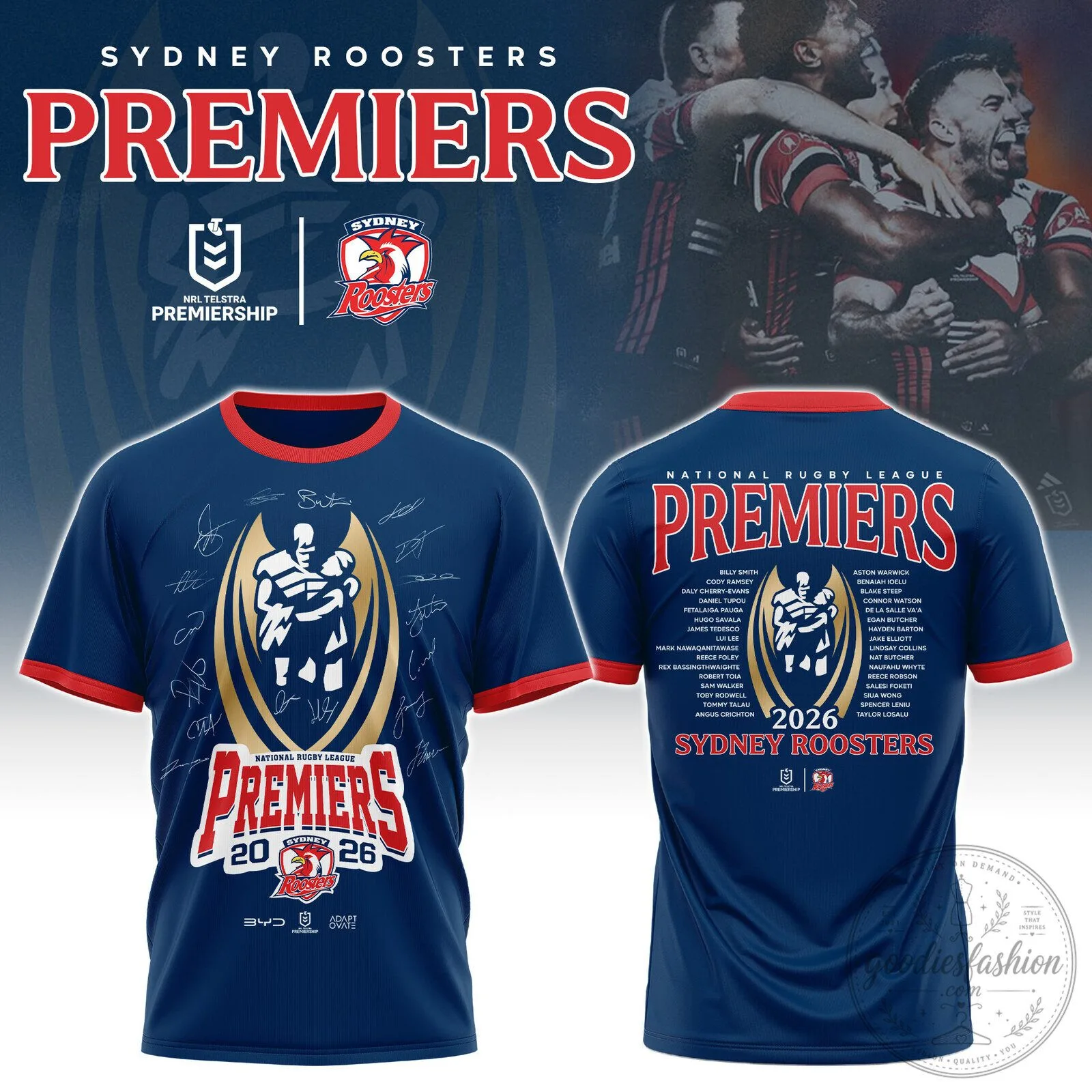 Commemorative T-Shirt for the 2026 National Rugby League Premiers: Sydney Roosters