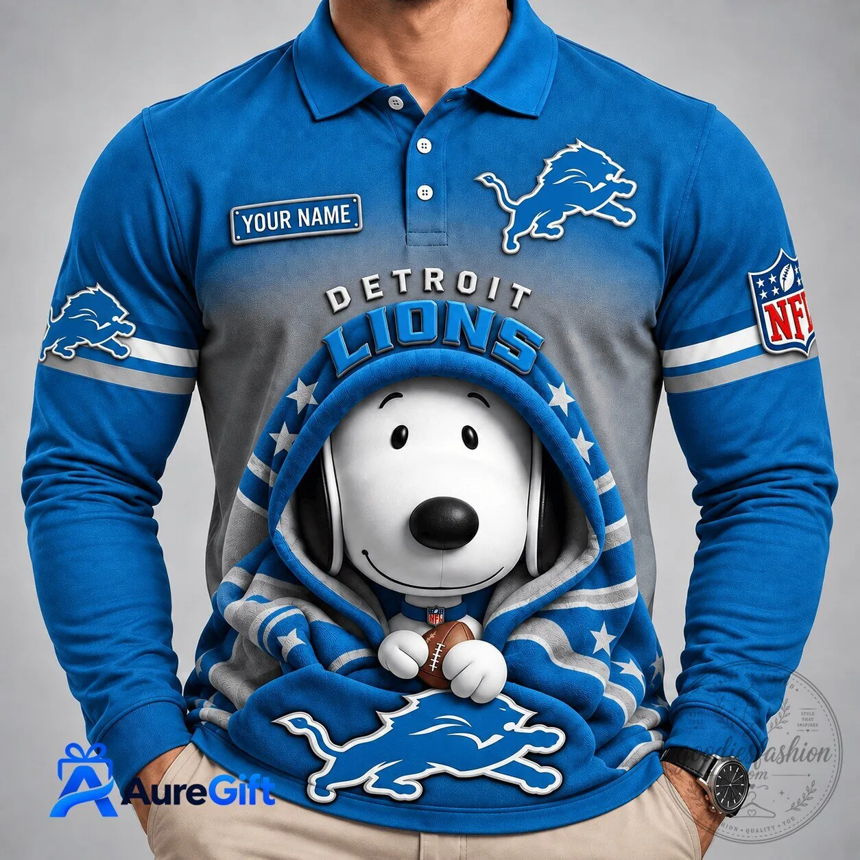 Detroit Lions Snoopy Christmas Kick Off Personalized Long Sleeve Polo Shirt