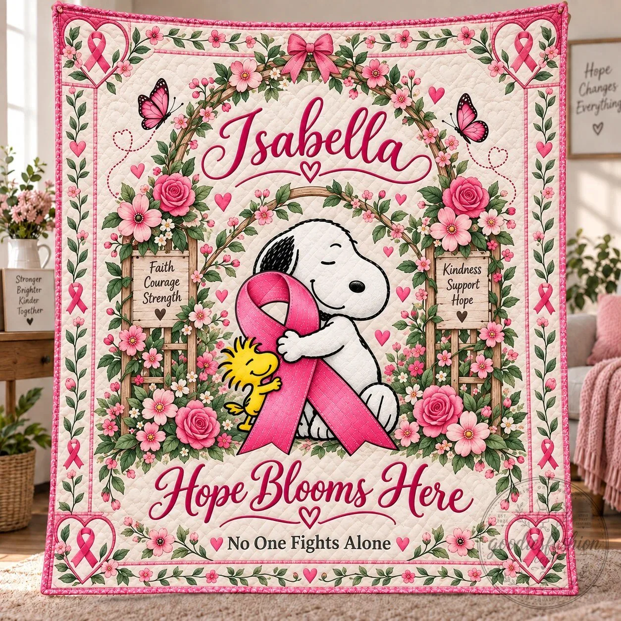 Personalized Snoopy Breast Cancer Awareness Hope Blooms Here Quilt Blanket