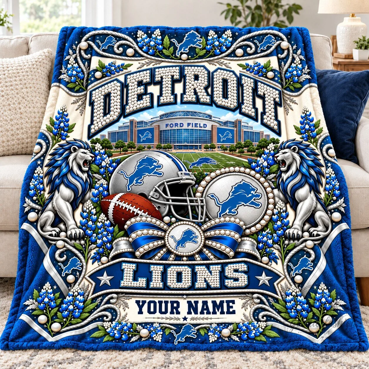 Detroit Lions Ford Field Football Team Personalized Plush Blanket