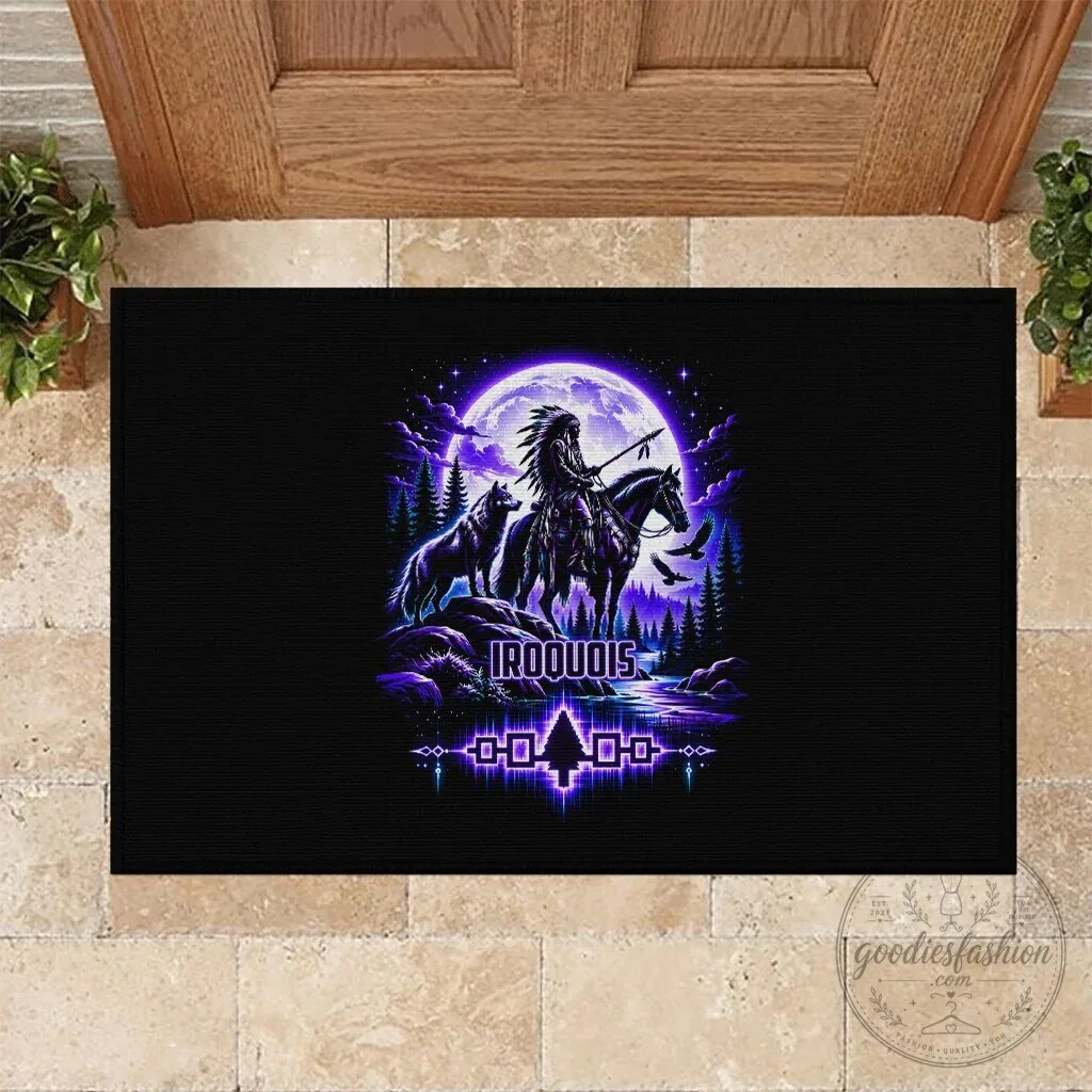 Iroquois Native American Warrior Wolf Moon Night Sky Doormat