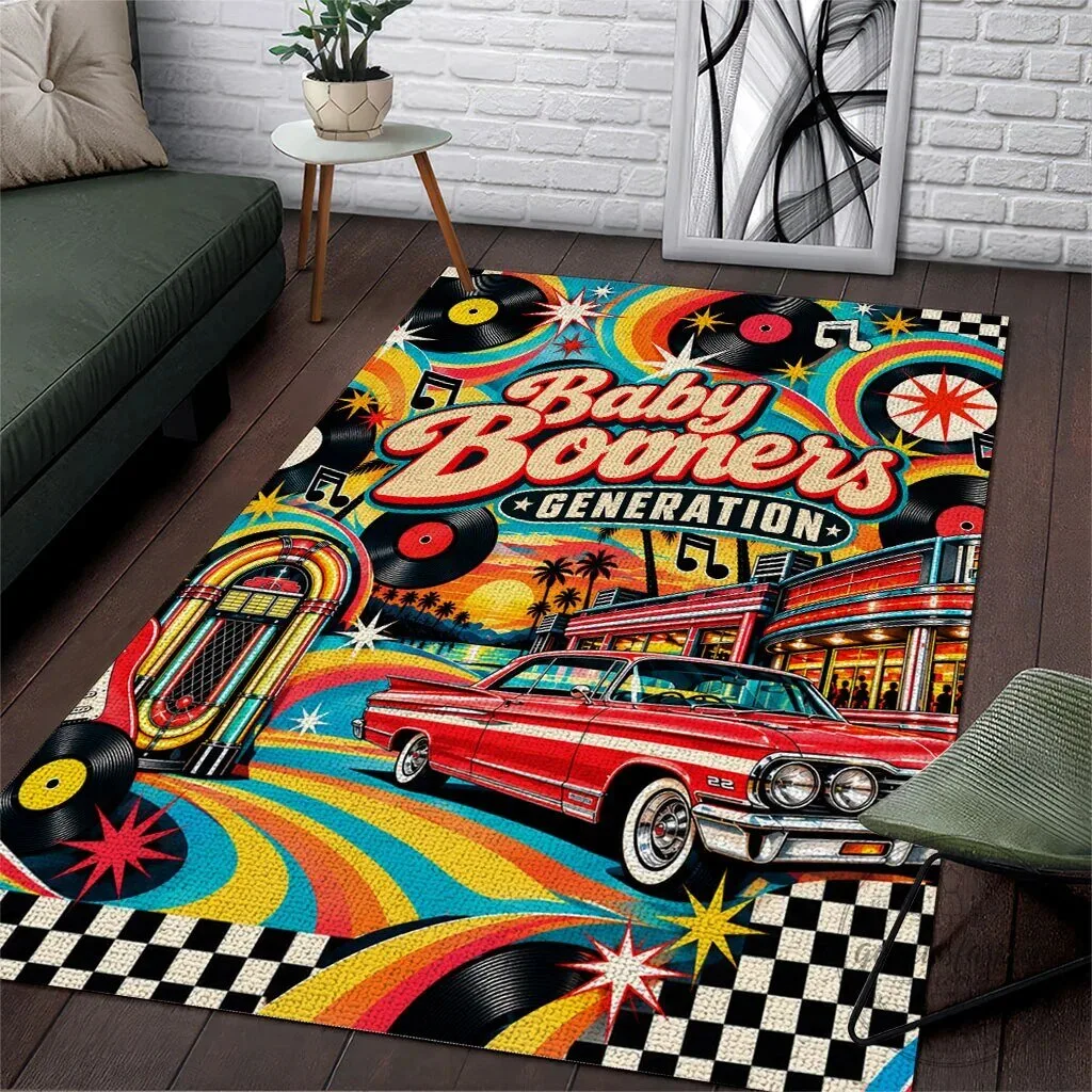 Baby Boomers Generation Vintage Retro Car and Vinyl Records Area Rug