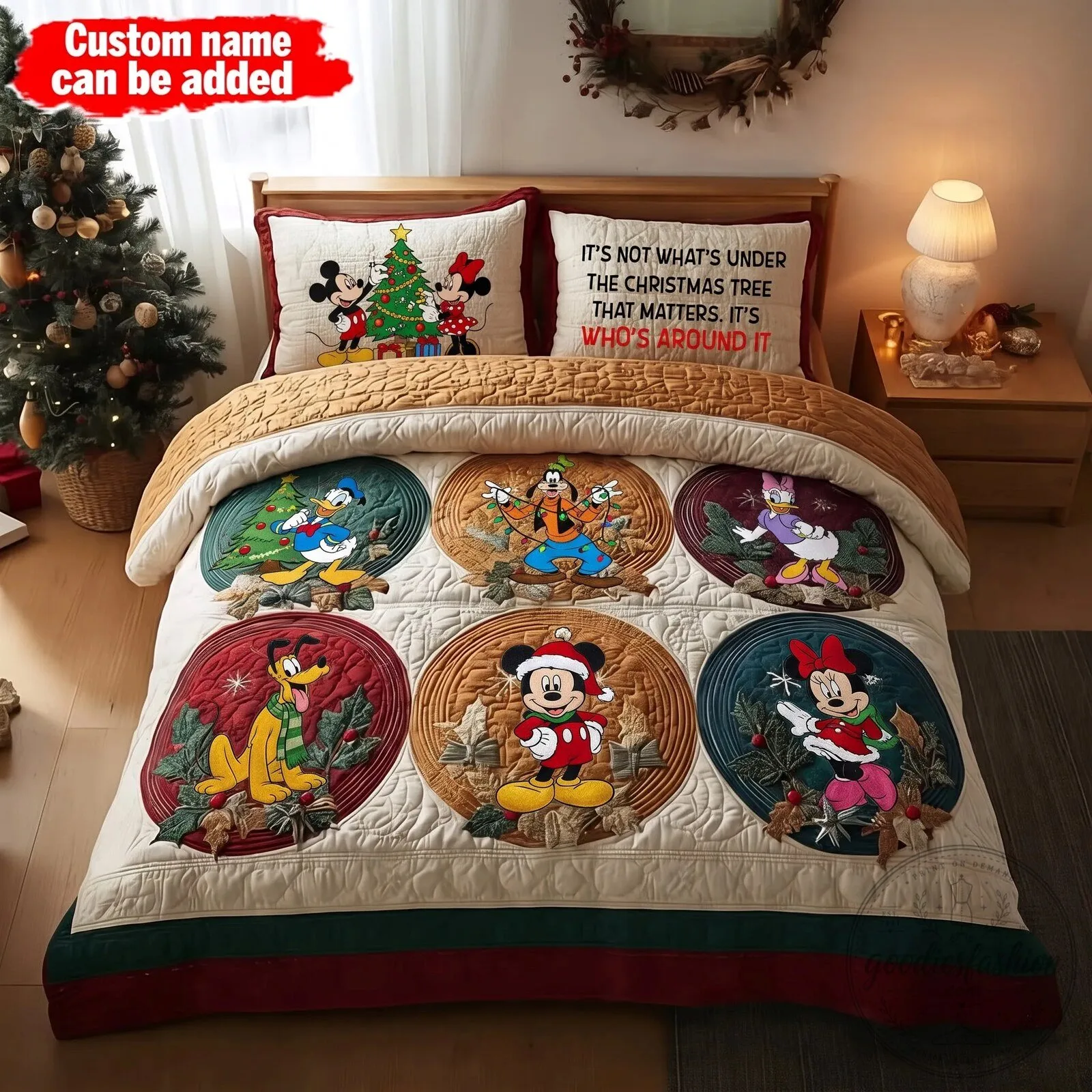 Mickey and Friends Christmas Holiday Quilted Bedding Set with Pillow Shams