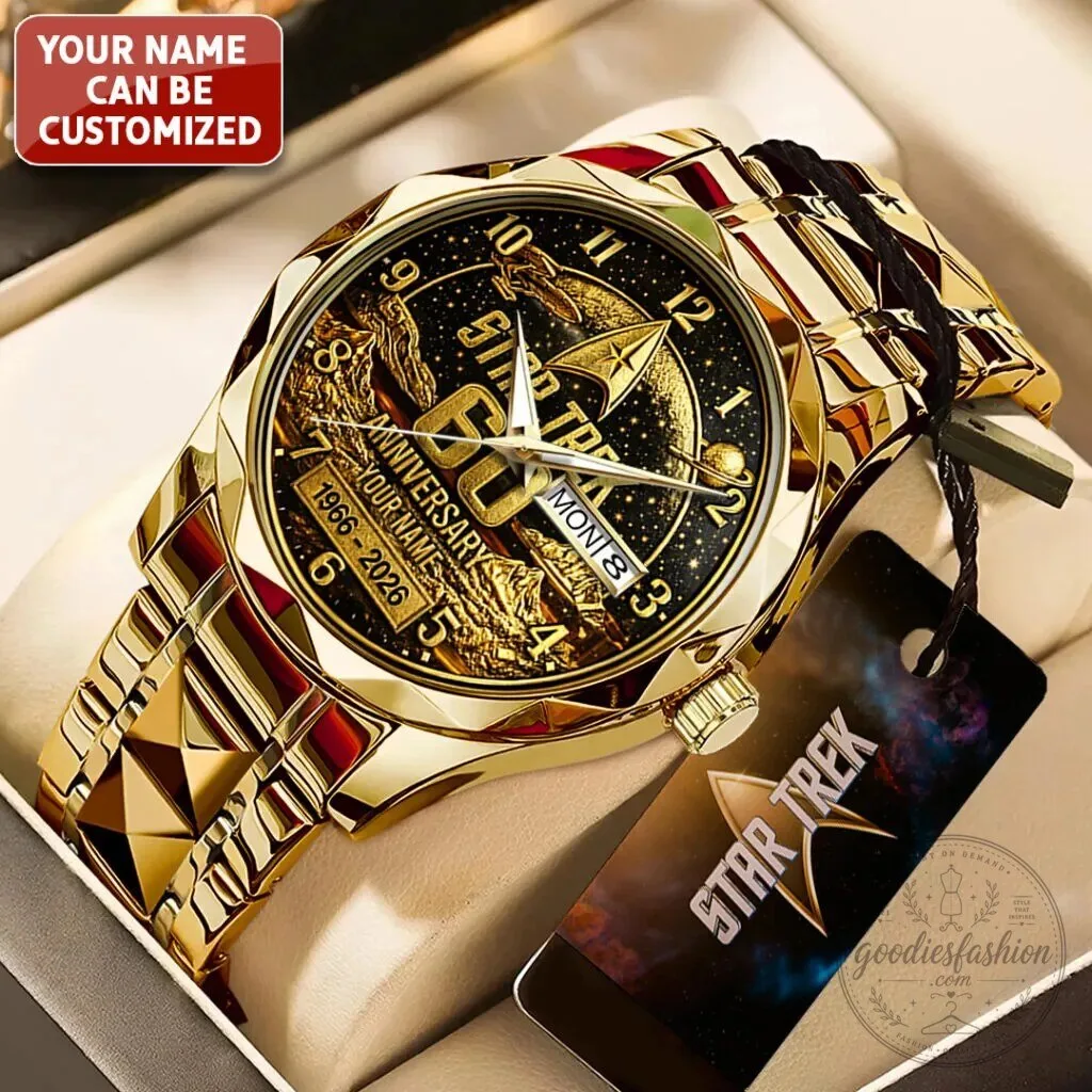 Star Trek 60th Anniversary Gold Quartz Watch, Customizable Name Engraving