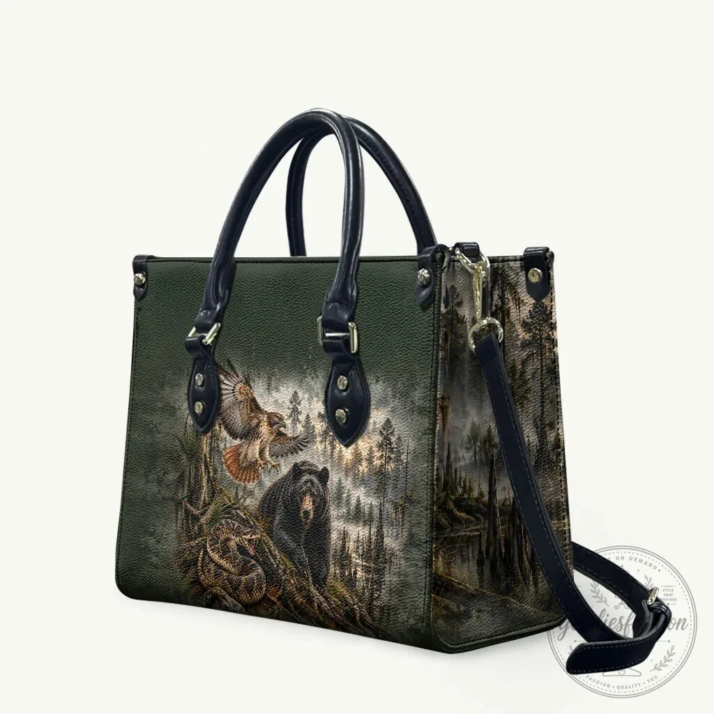 Native American Wildlife Bear and Hawk Forest Landscape Leather Handbag