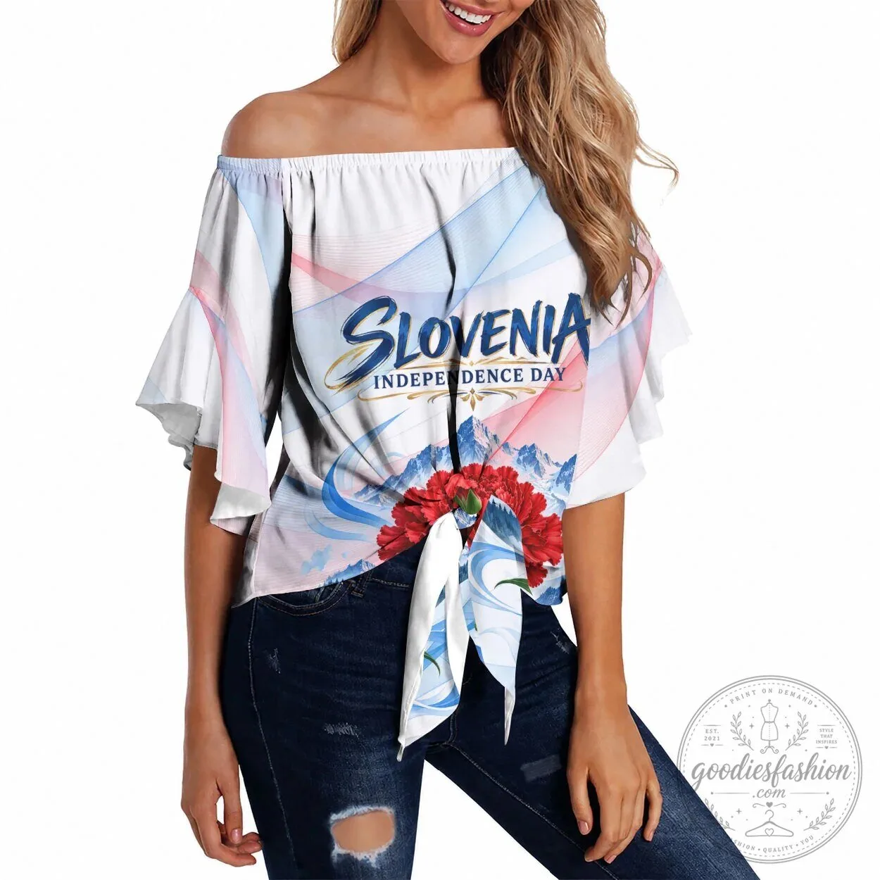 Slovenia Independence Day Off Shoulder Ruffle Sleeve Tie Front Top
