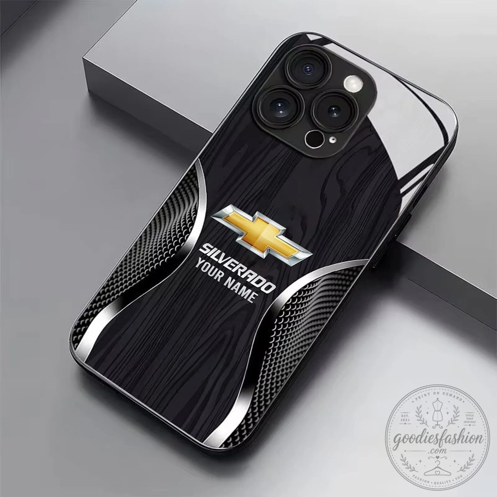 Chevrolet Silverado Custom Name Black Wood Grain Pattern Phone Case