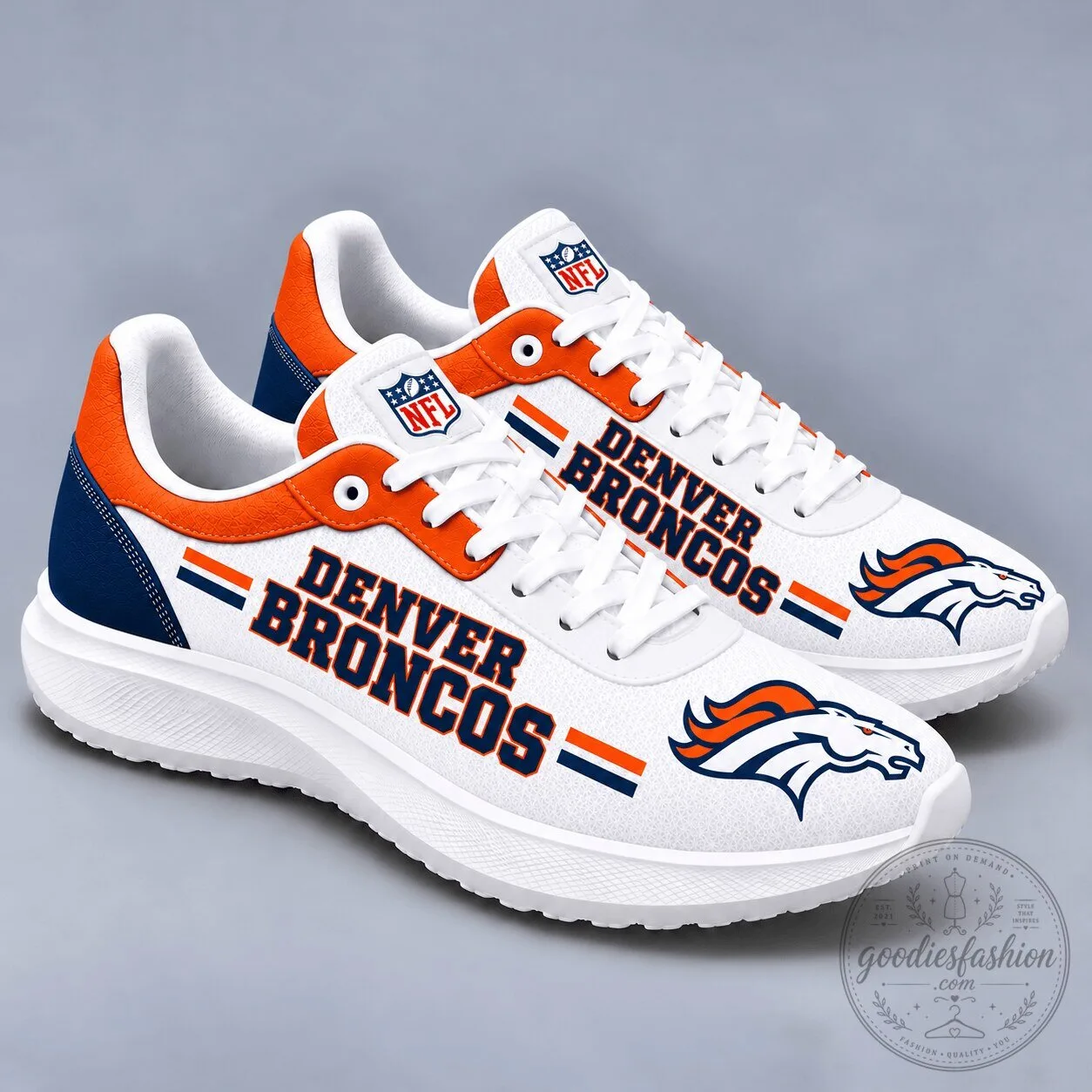 Denver Broncos NFL Team Logo White and Orange Stripe Sport Shoes