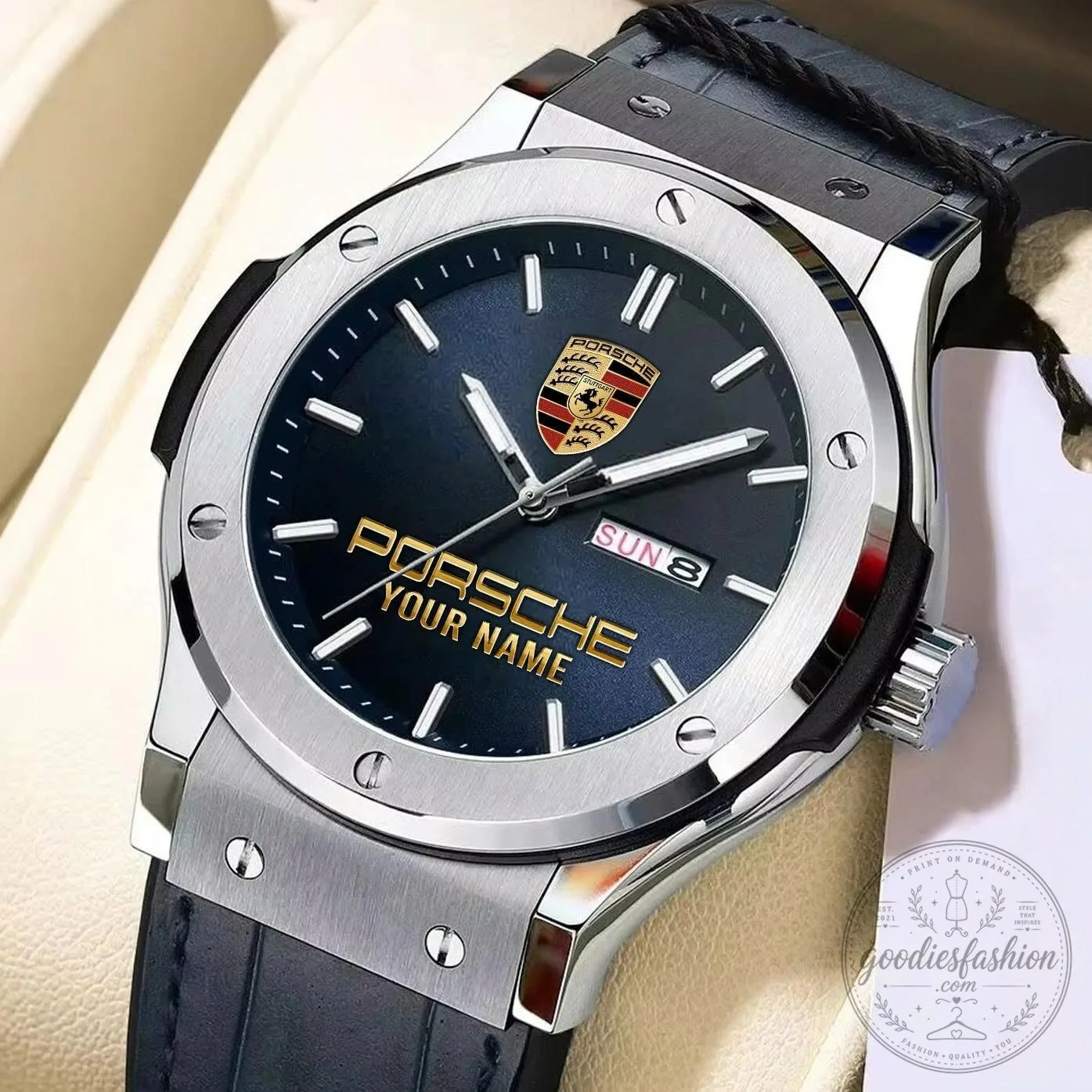 Porsche Custom Name Elegant Design Watch with Date Display