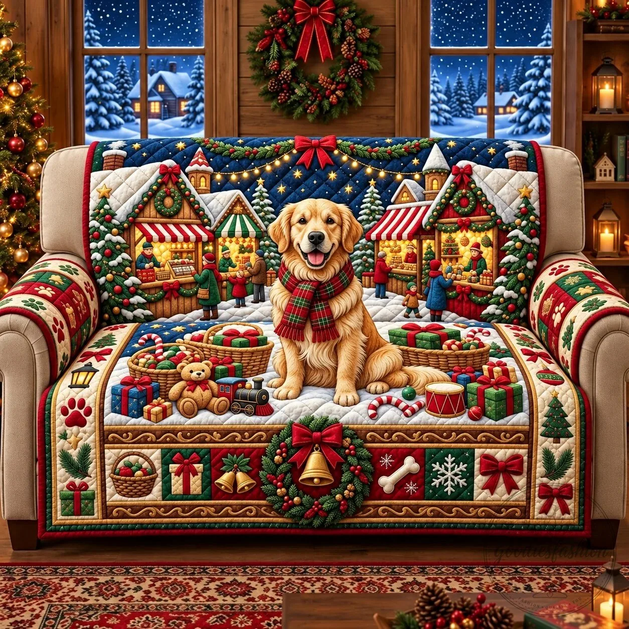 Christmas Golden Retriever Dog Holiday Village Quilted Sofa Cover