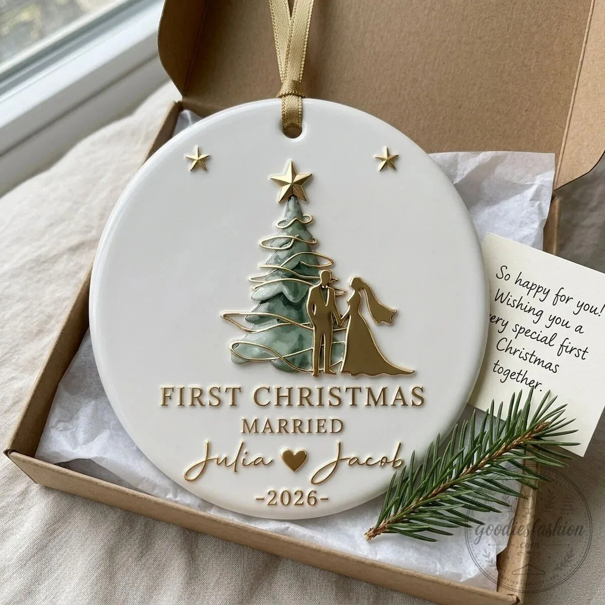 First Christmas Married Julia and Jacob 2026 Personalized Ceramic Ornament