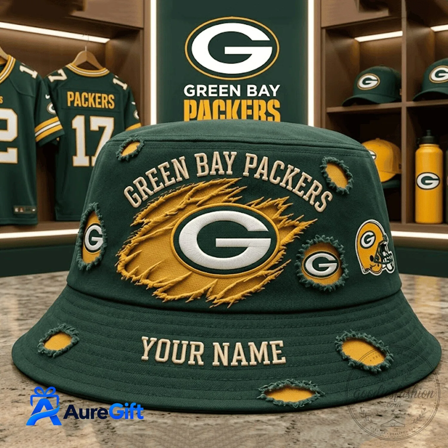 Green Bay Packers Distressed Style Personalized Football Bucket Hat