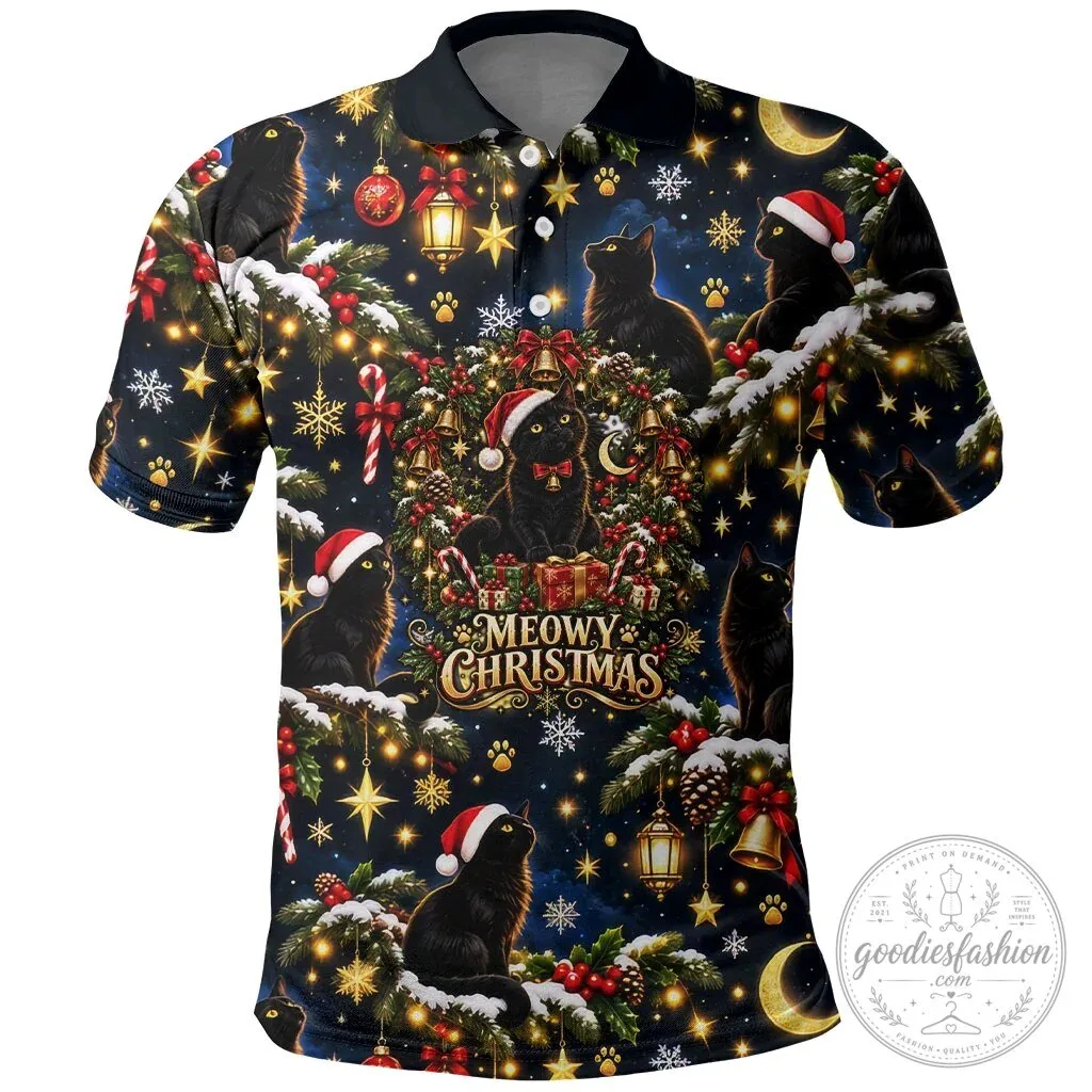Meowy Christmas Black Cat Festive Night Tree Snow Stars Holiday Pattern Polo Shirt
