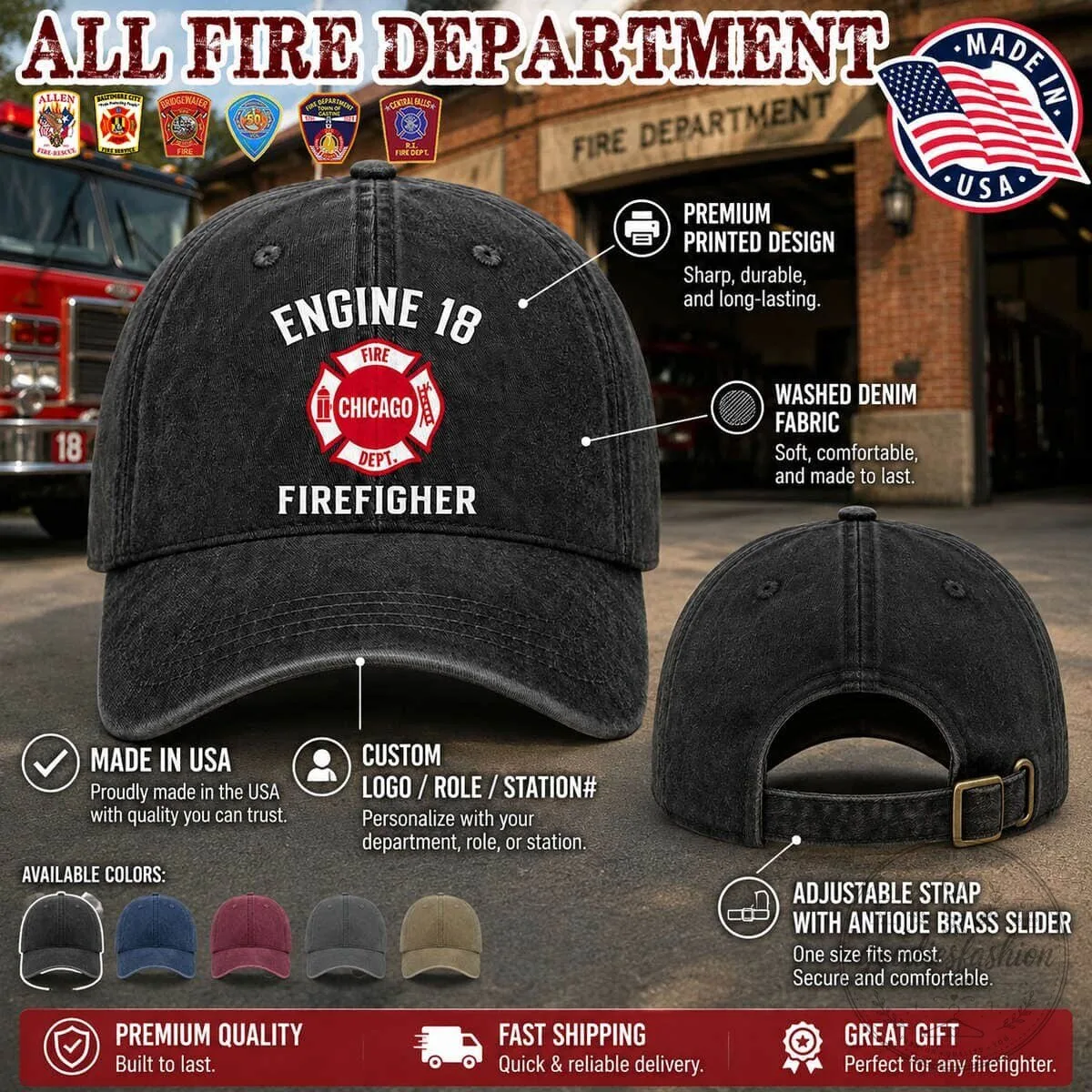 Chicago Fire Department Engine 18 Firefighter Washed Denim Cap Hat