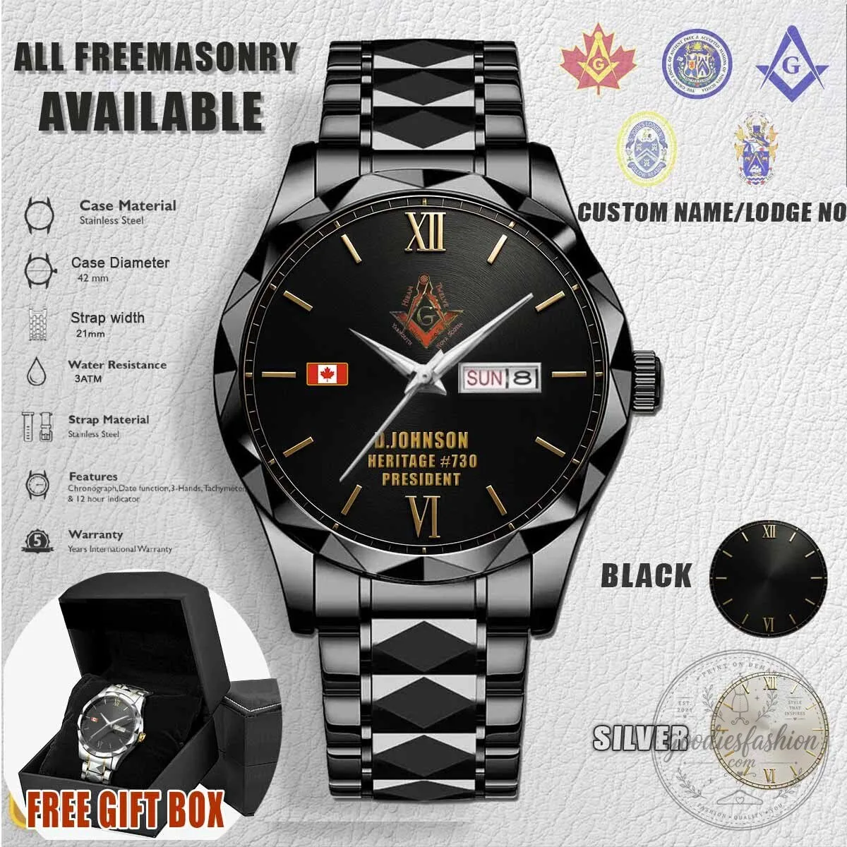 Freemasonry Hiram Lodge Nova Scotia Stainless Steel Watch
