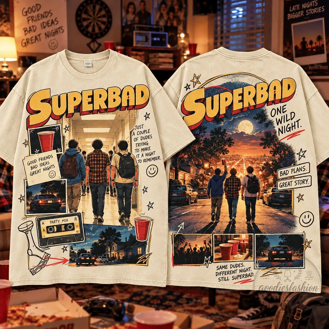 Superbad One Wild Night Movie Poster Design Graphic T-Shirt for Film Lovers