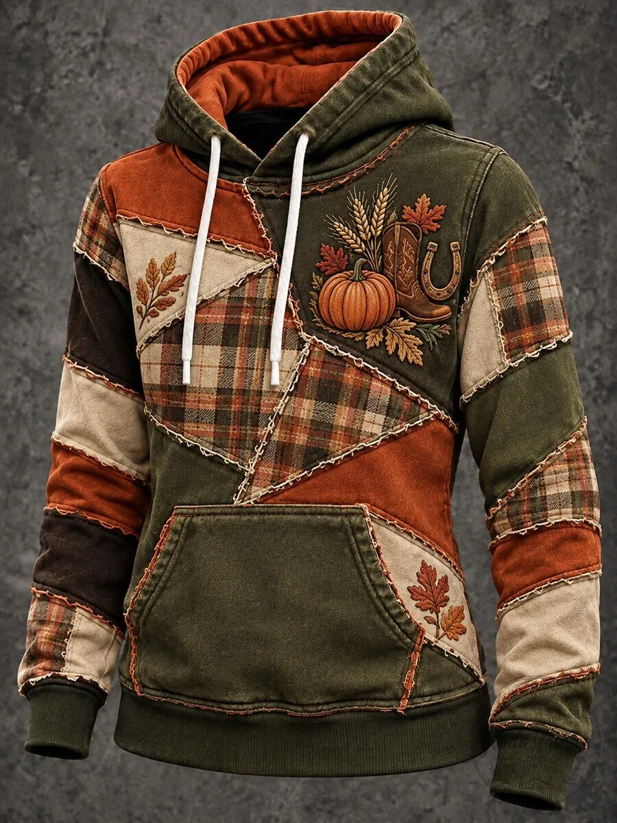 Vintage Thanksgiving Plaid Patchwork Autumn Pumpkin Cozy Hoodie for Women