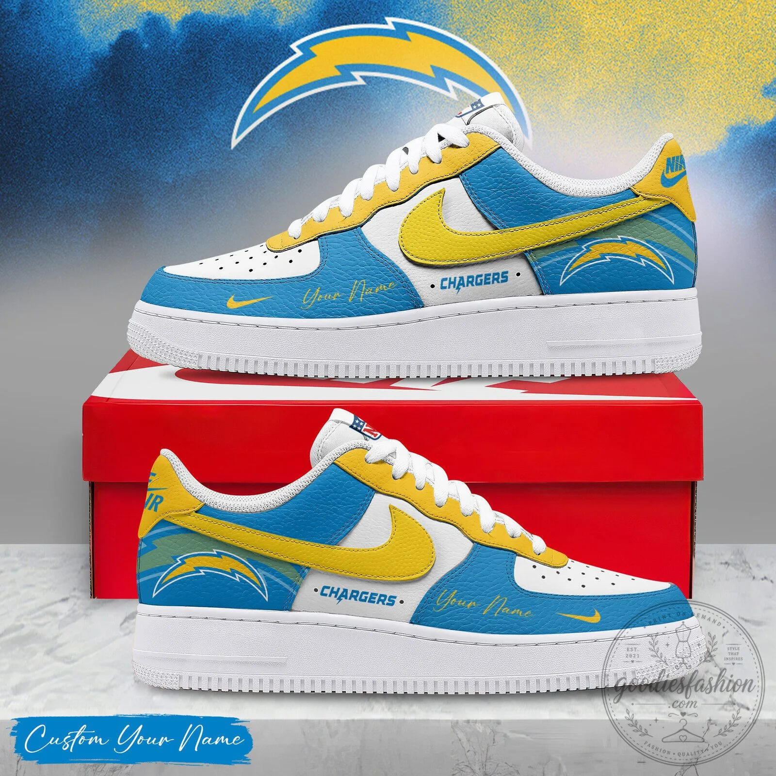 Los Angeles Chargers Custom Name White and Blue Athletic Shoes