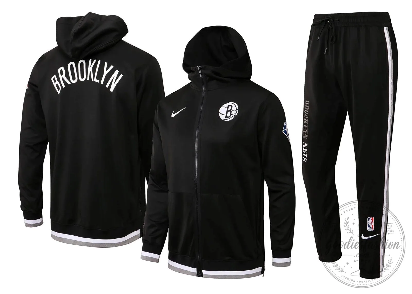 Brooklyn Nets NBA Black Full-Zip Hoodie and Sweatpants Tracksuit Set
