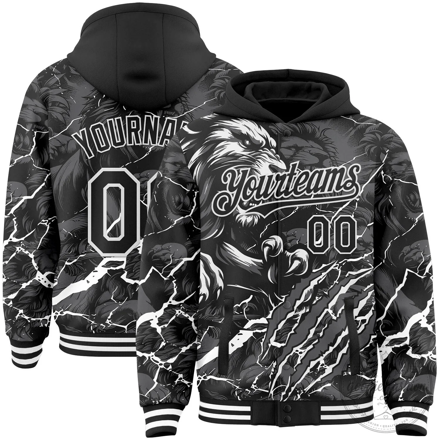 Black Gray White Lion Lightning Claw Scratch Varsity Bomber Jacket Hoodie