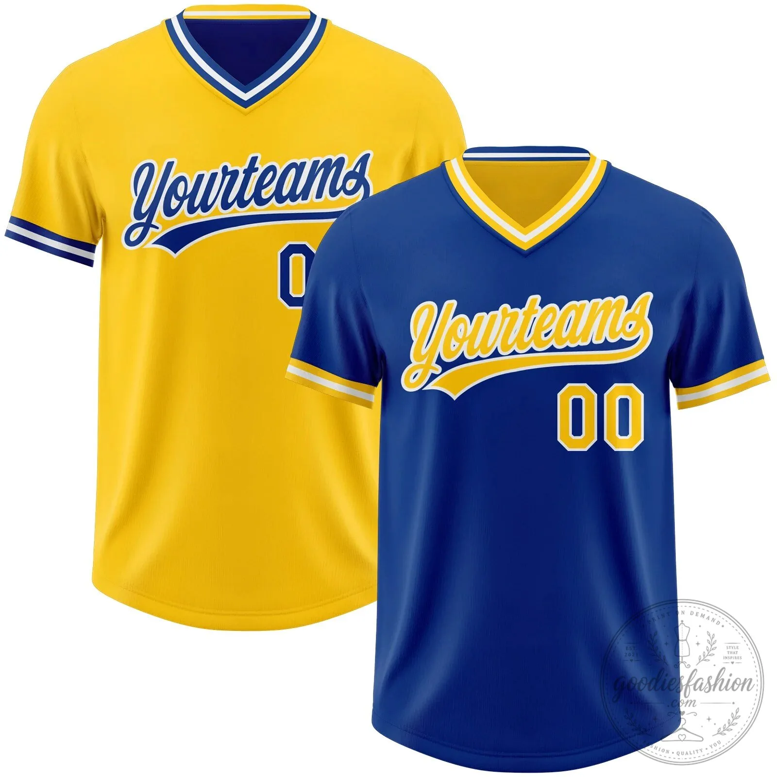 Custom Reversible Yellow Blue Baseball Jersey with Yourteams Logo and Number