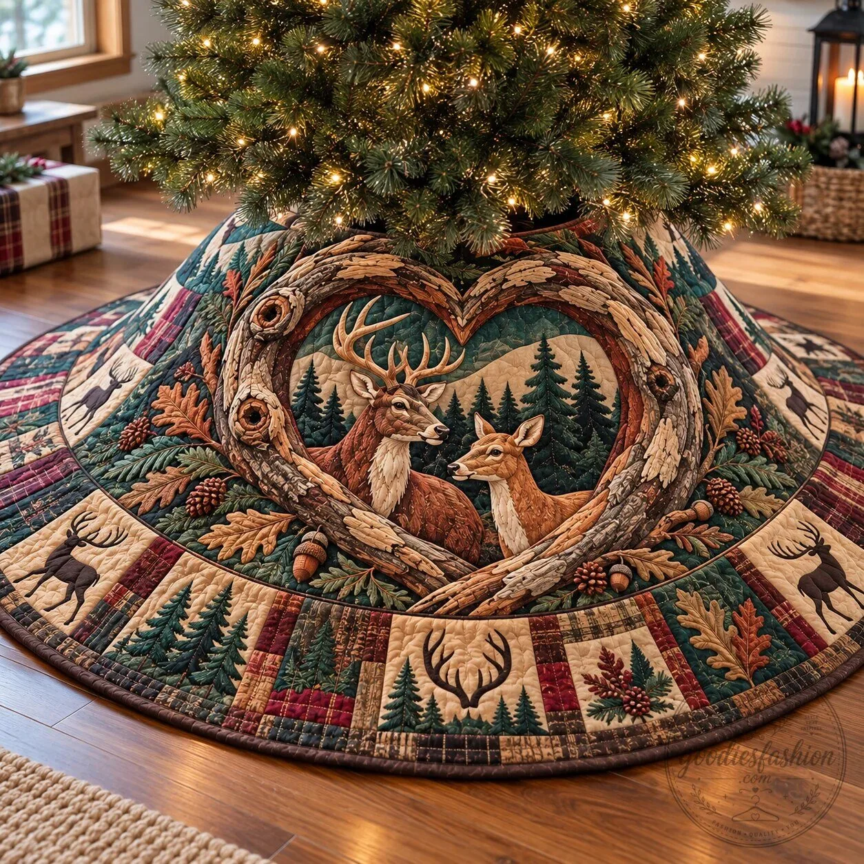 Rustic Deer Harmony Quilted Christmas Tree Skirt