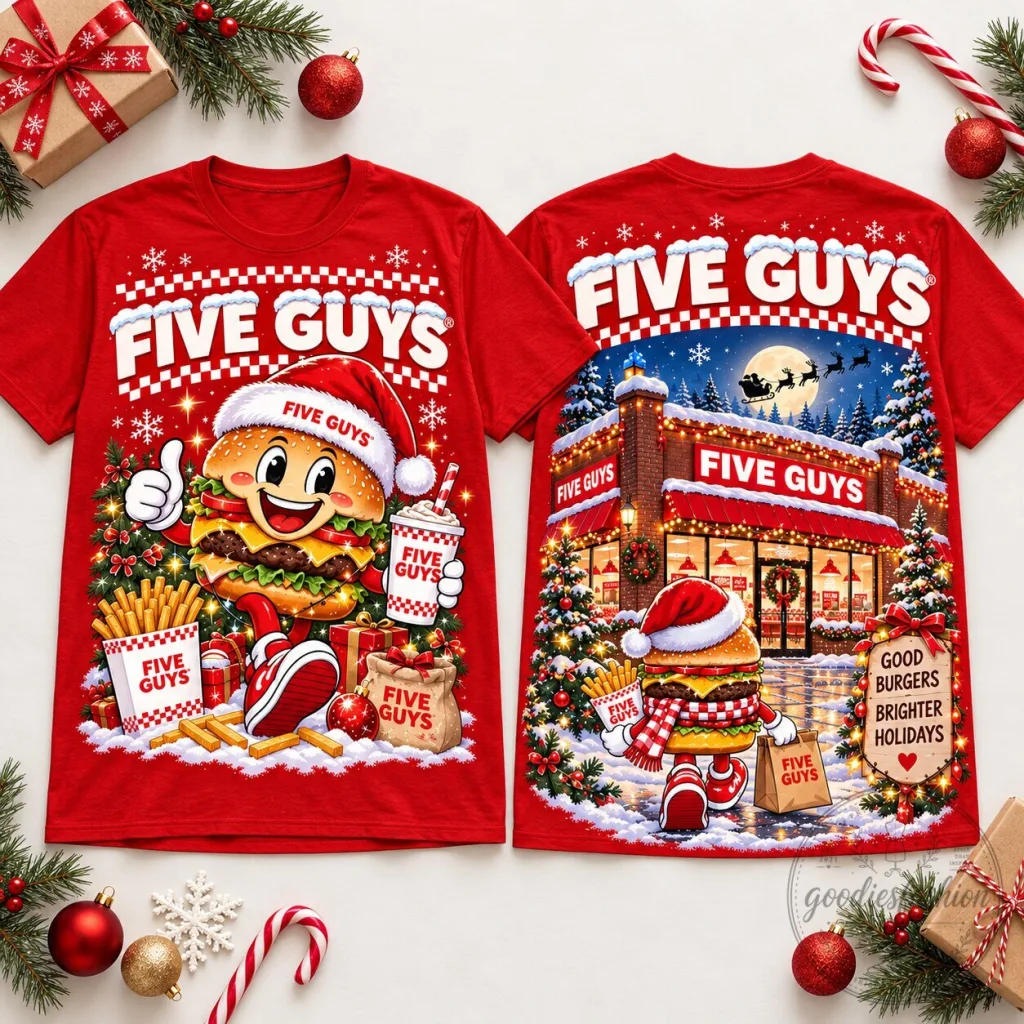 Five Guys Christmas Burger Holiday Fast Food Restaurant Red T-Shirt Five Guys Christmas Burger Holiday Fast Food Restaurant Red T-Shirt