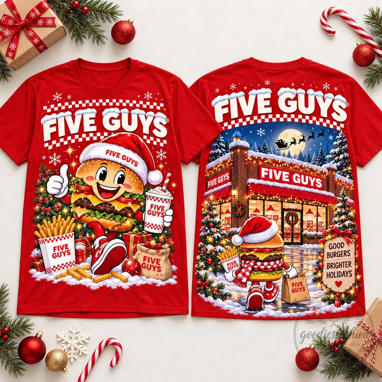 Five Guys Christmas Burger Holiday Fast Food Restaurant Red T-Shirt
