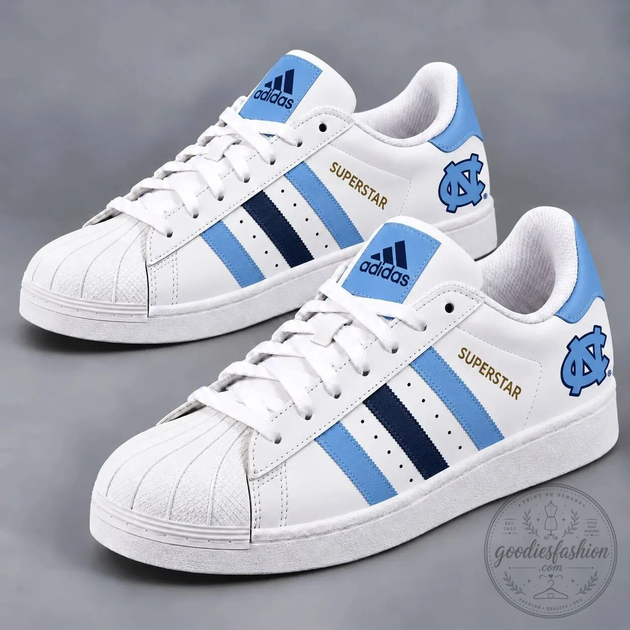 North Carolina Tar Heels NCAA Team Logo White and Blue Superstar Shoes