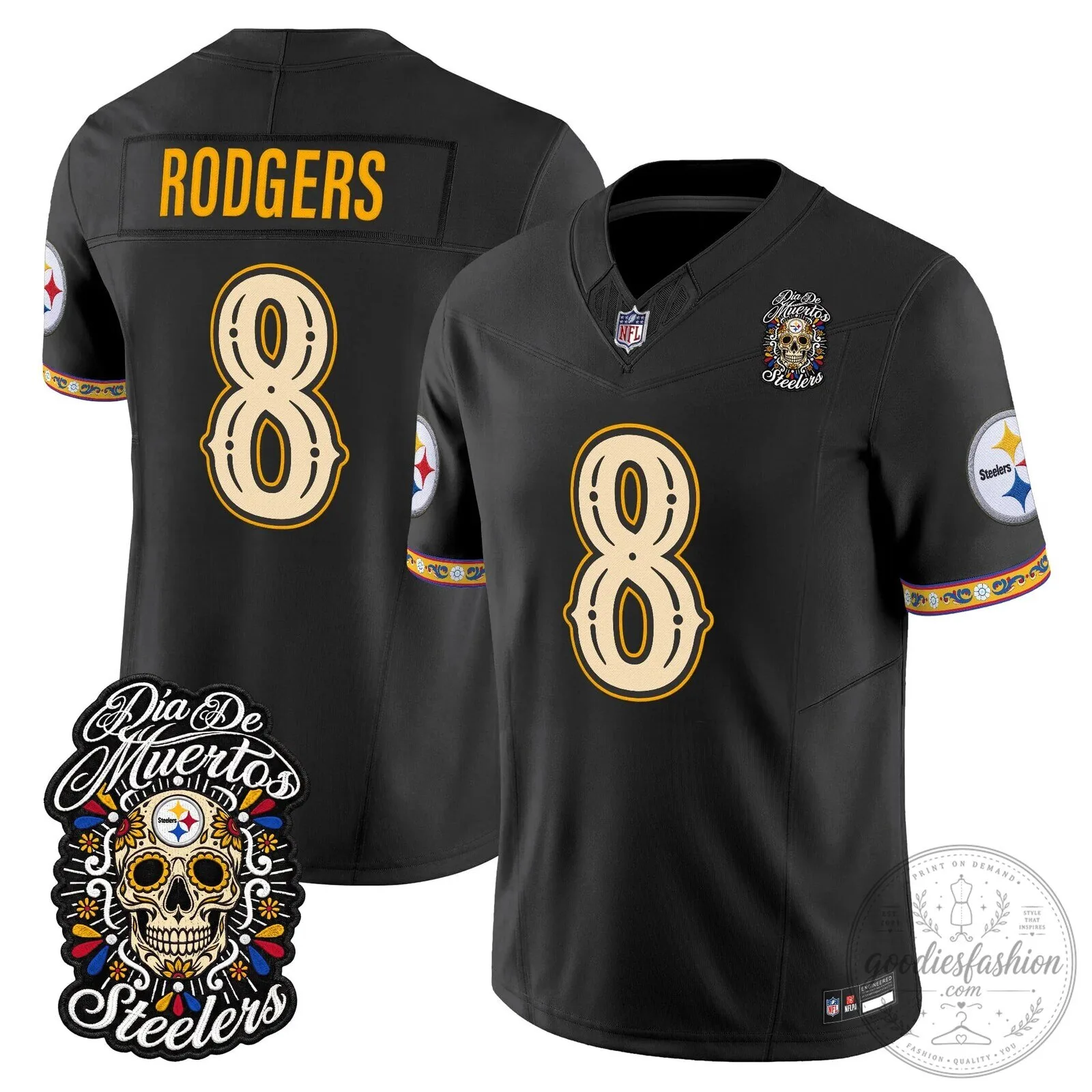 Pittsburgh Steelers Día de los Muertos Rodgers Number 8 Football Jersey
