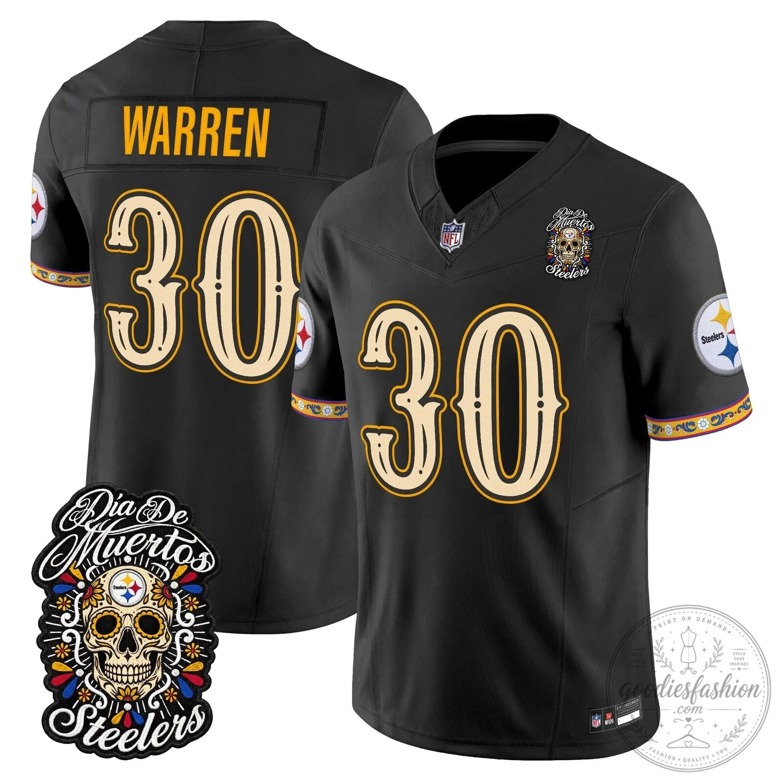 Pittsburgh Steelers Día de los Muertos Rodgers Number 8 Football Jersey 46 Pittsburgh Steelers Día de los Muertos Rodgers Number 8 Football Jersey