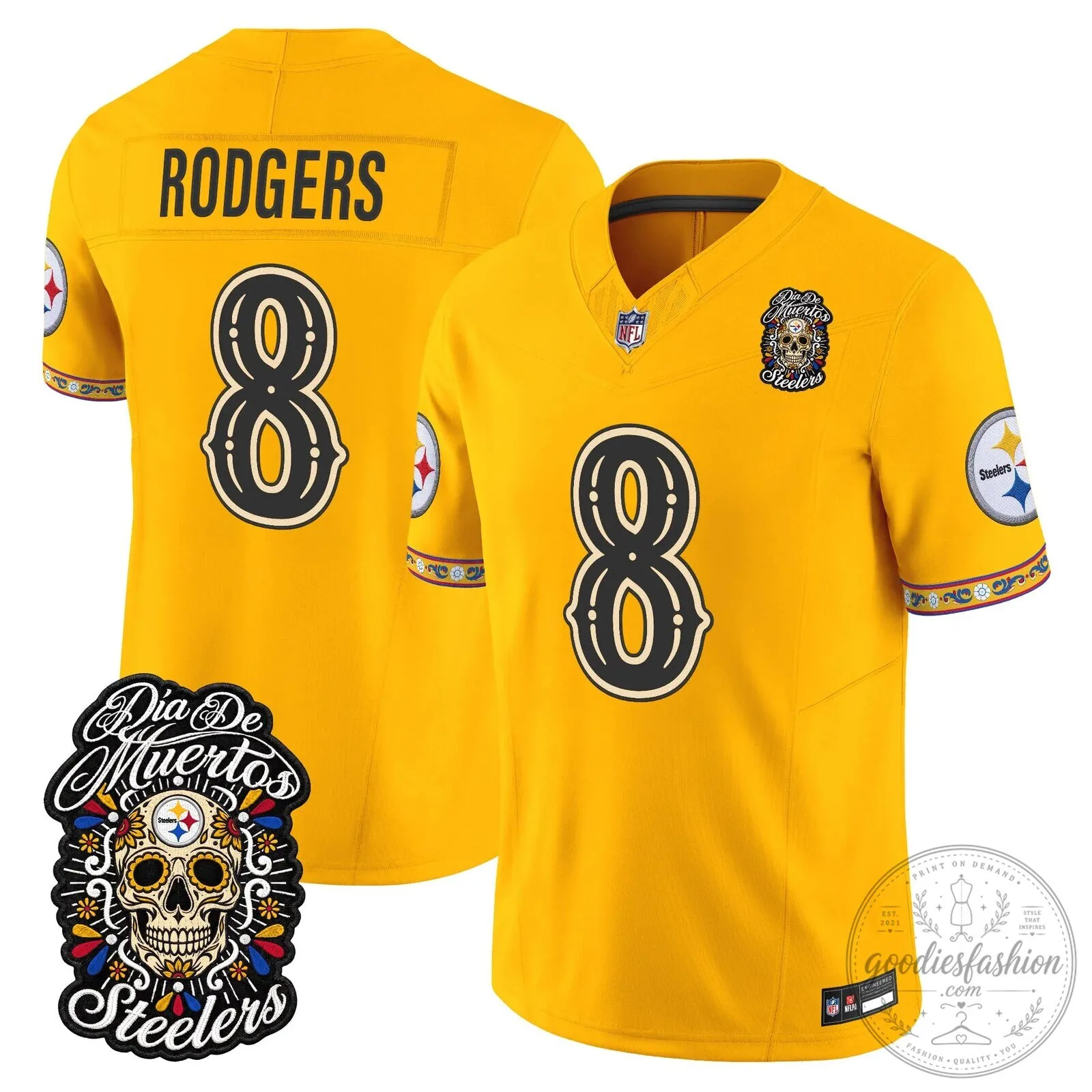 Pittsburgh Steelers Día de los Muertos Rodgers Number 8 Football Jersey 54 Pittsburgh Steelers Día de los Muertos Rodgers Number 8 Football Jersey