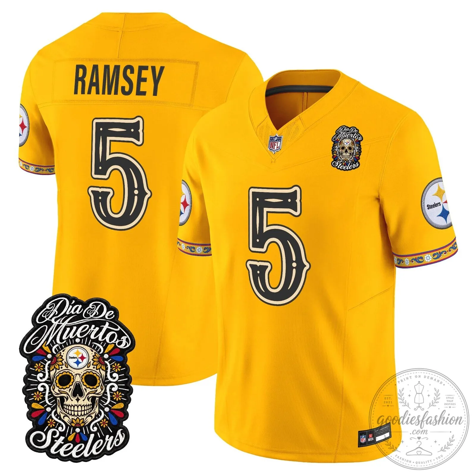 Pittsburgh Steelers Día de los Muertos Rodgers Number 8 Football Jersey 61 Pittsburgh Steelers Día de los Muertos Rodgers Number 8 Football Jersey