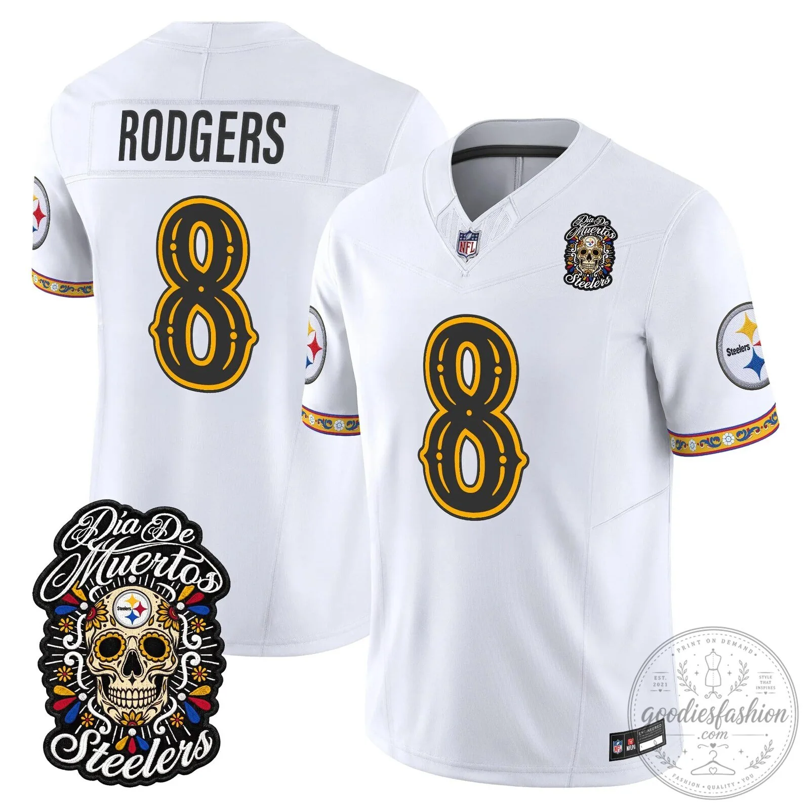 Pittsburgh Steelers Día de los Muertos Rodgers Number 8 Football Jersey 64 Pittsburgh Steelers Día de los Muertos Rodgers Number 8 Football Jersey