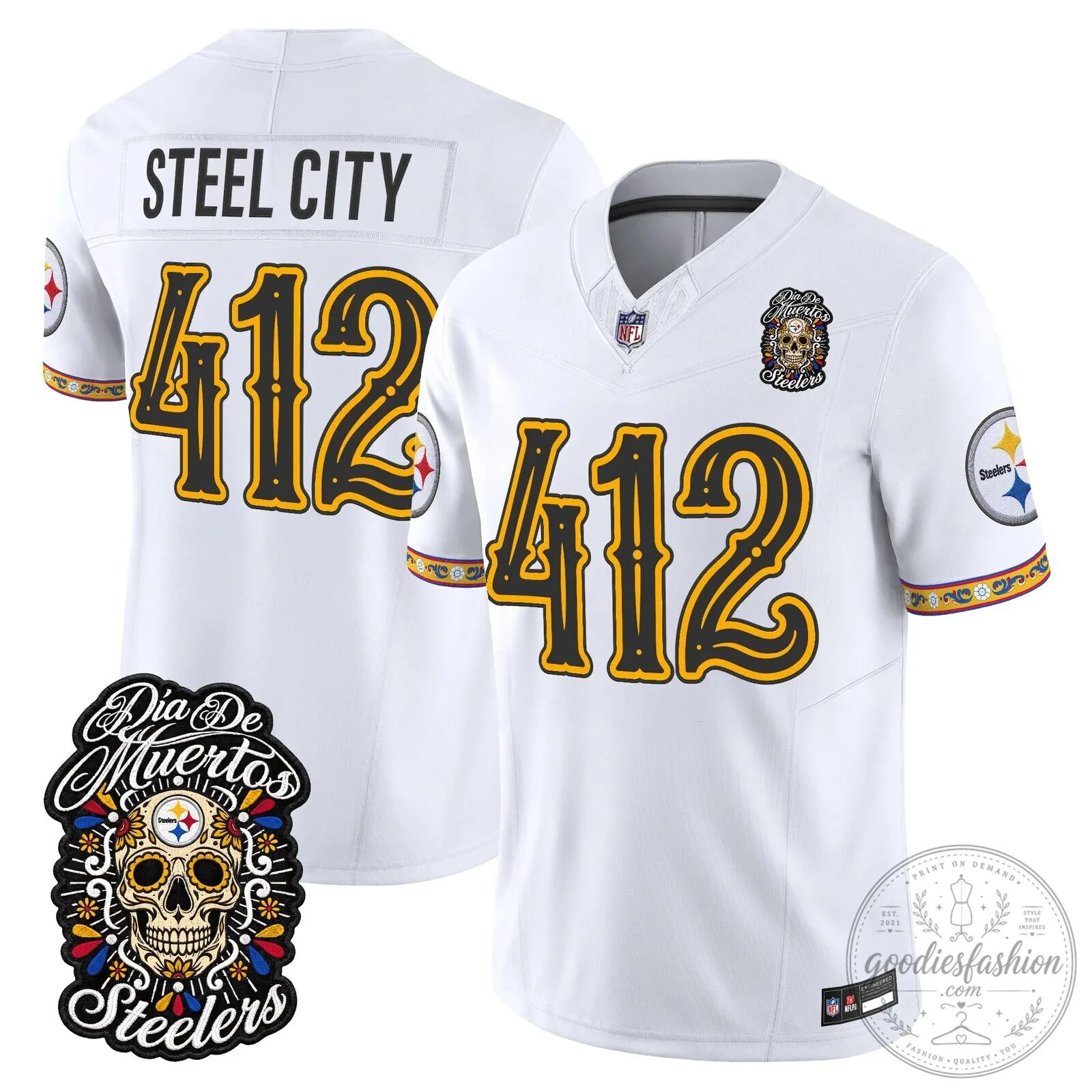 Pittsburgh Steelers Día de los Muertos Rodgers Number 8 Football Jersey 65 Pittsburgh Steelers Día de los Muertos Rodgers Number 8 Football Jersey