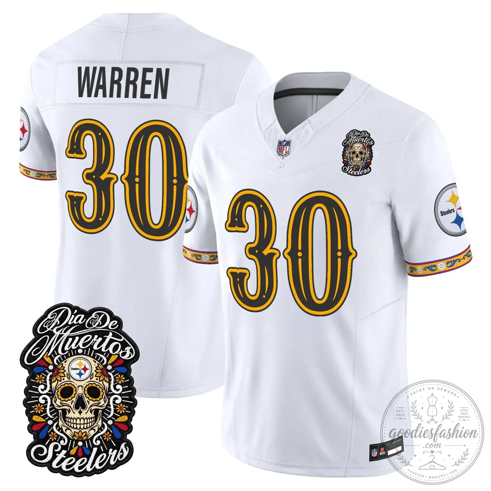 Pittsburgh Steelers Día de los Muertos Rodgers Number 8 Football Jersey 66 Pittsburgh Steelers Día de los Muertos Rodgers Number 8 Football Jersey