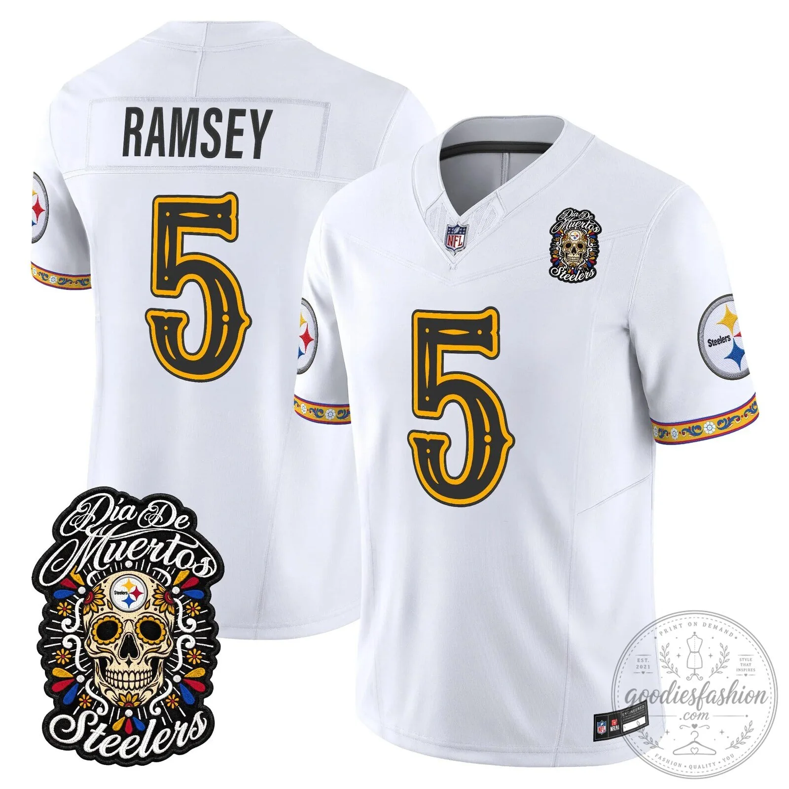 Pittsburgh Steelers Día de los Muertos Rodgers Number 8 Football Jersey 71 Pittsburgh Steelers Día de los Muertos Rodgers Number 8 Football Jersey