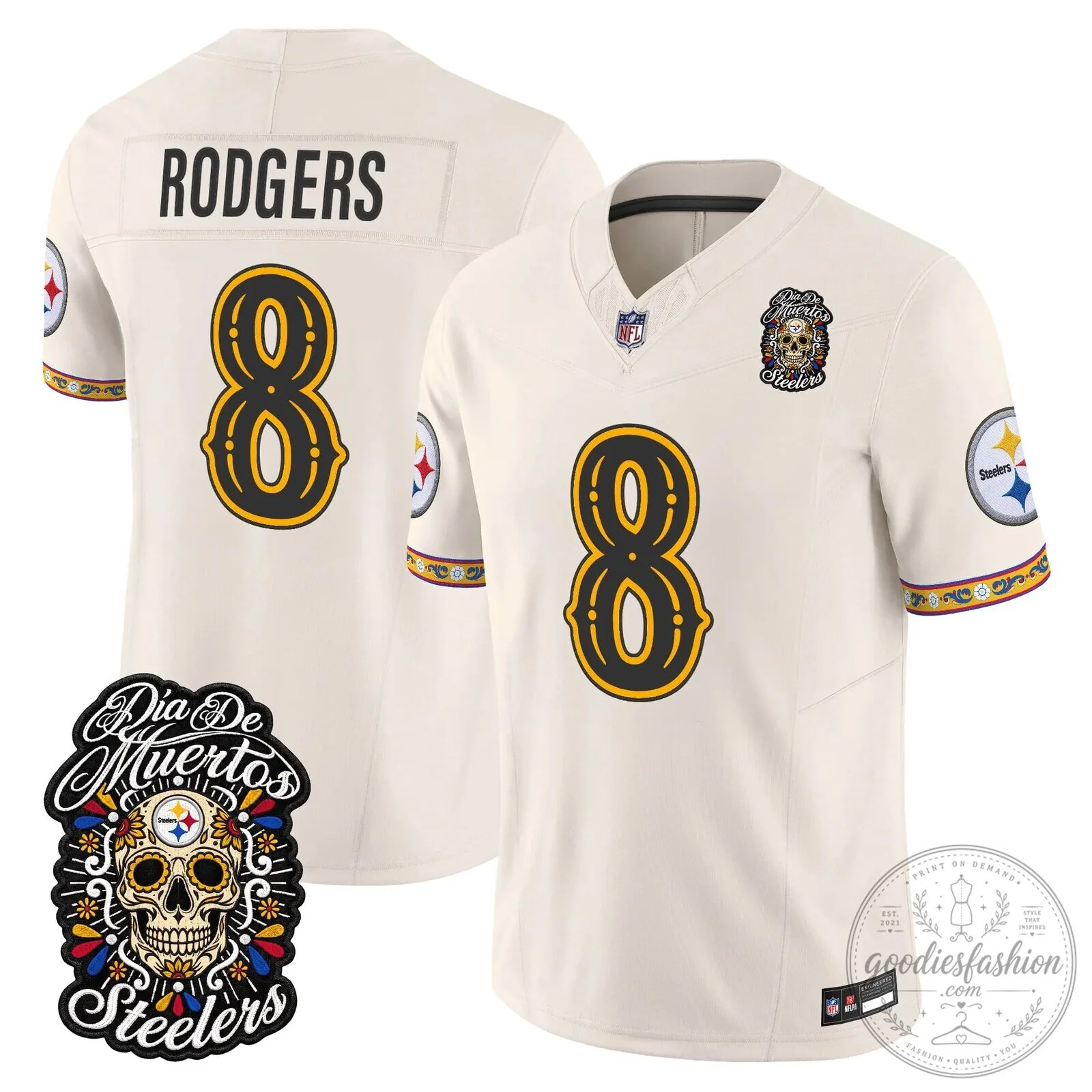 Pittsburgh Steelers Día de los Muertos Rodgers Number 8 Football Jersey 74 Pittsburgh Steelers Día de los Muertos Rodgers Number 8 Football Jersey