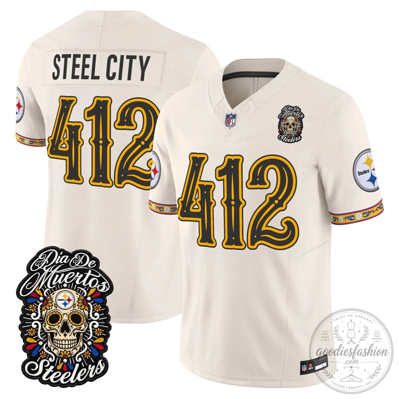 Pittsburgh Steelers Día de los Muertos Rodgers Number 8 Football Jersey 75 Pittsburgh Steelers Día de los Muertos Rodgers Number 8 Football Jersey