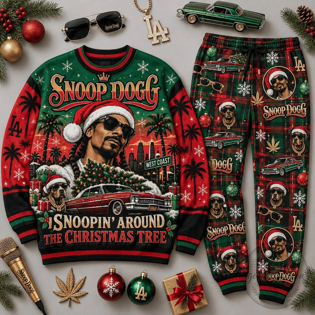 Snoop Dogg Christmas Tree West Coast Holiday Ugly Sweater and Jogger Pants Set